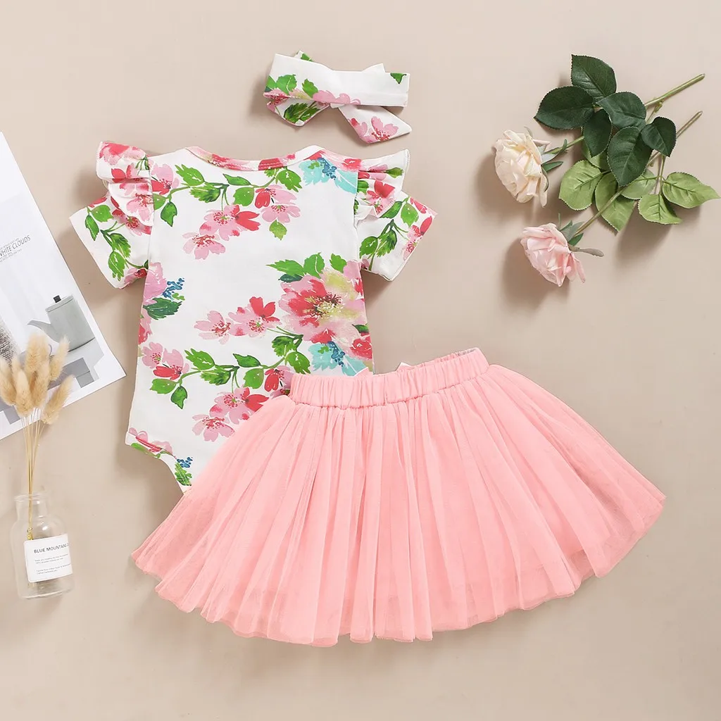 0-2 Years Newborn Baby Girls Princess Dress Short Sleeve Romper+Net Yarn Skirt+Floral Headband Toddler Girl 3PCS Summer Outfit