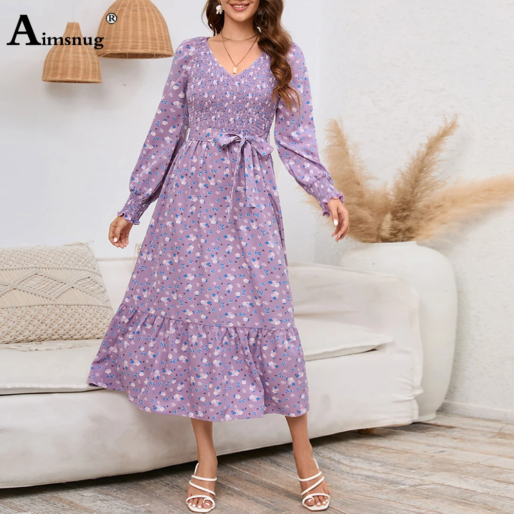 Women Long Sleeves Boho Flower Print Dress Sexy V-neck Party Dresses 2023 Autumn Bandage Casual Mid-Calf Dress femme vestidos