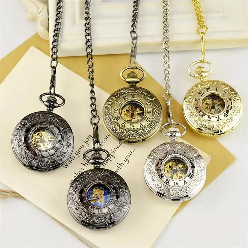 Luxury Mechanical Dual Two SideOpen Pocket Watch for Men Women Skeleton Roman Numeral Fob Chain Pendant Clock for Collection