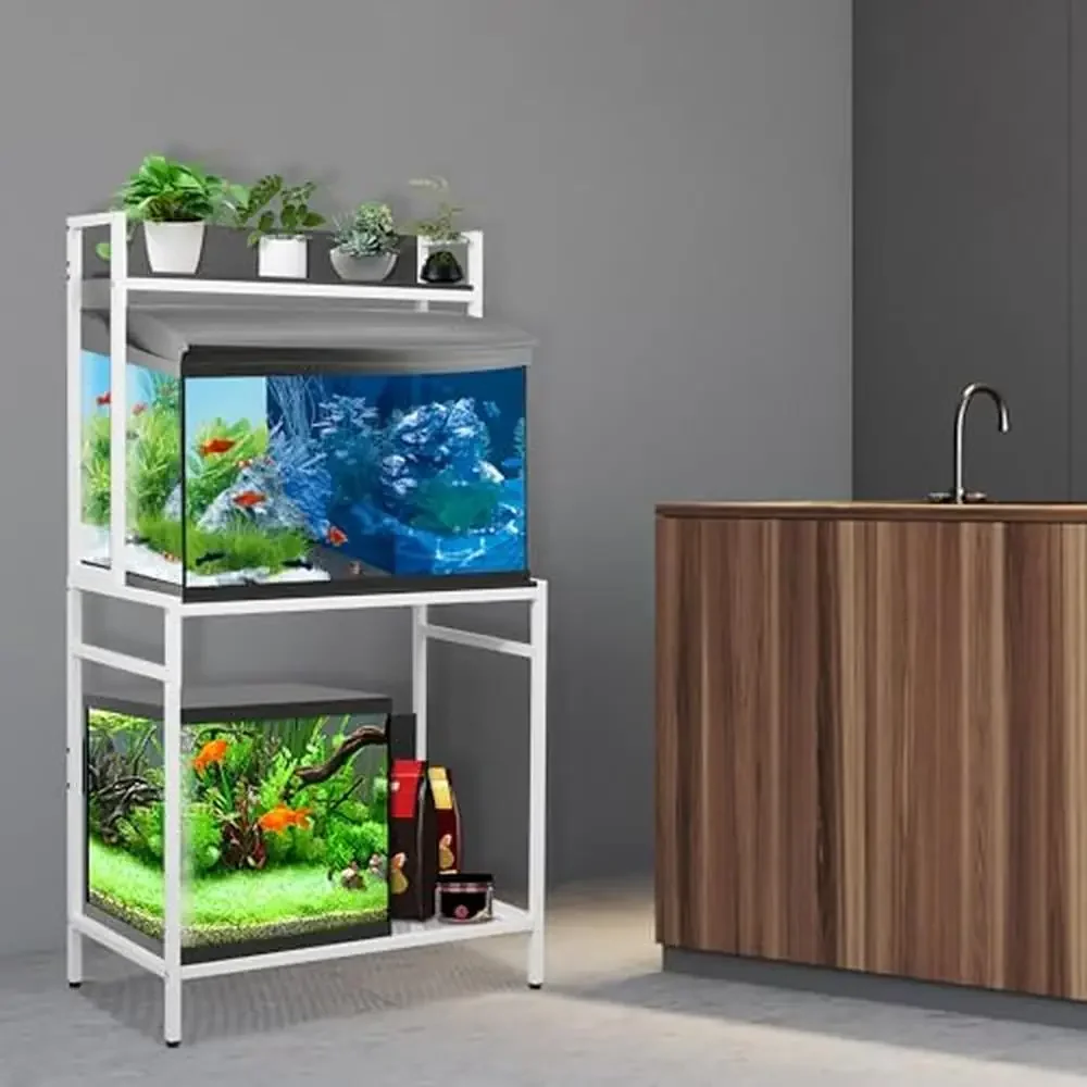 3-Tier Metal Frame Aquarium Stand 20-29 Gallon Fish Tank Heavy Duty Storage Rack with Stable Design Black and White Iron Pipe