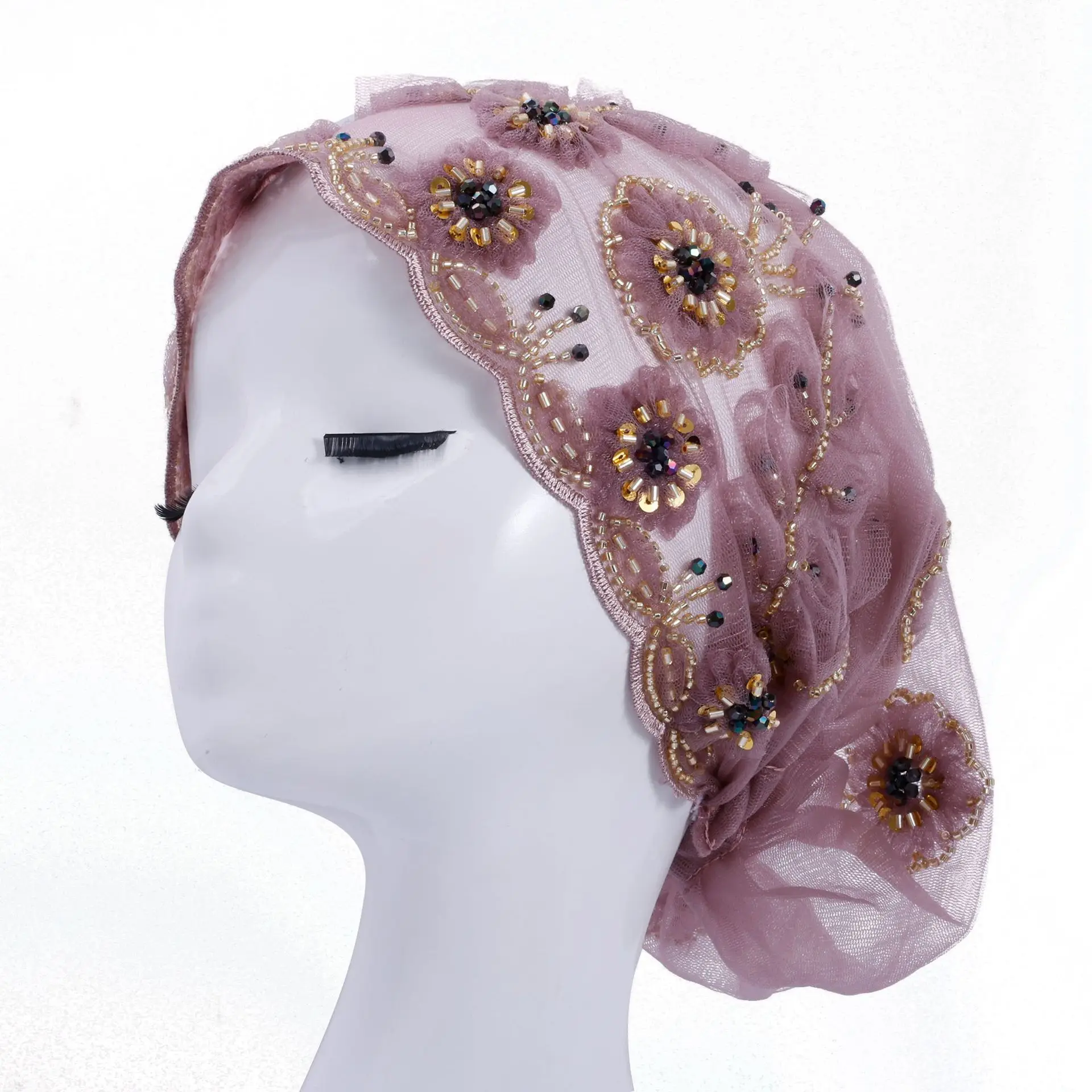 

Muslim fashion mesh turban scarf pure handmade beaded fringed turban breathable hat from Malaysia Cap H1