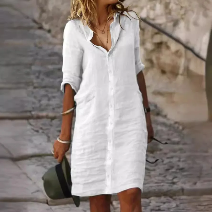 Locker sitzendes Baumwoll-Leinen-Knöpfe-Midikleid Dr irt 2023, Independent Station CrossBord Ethernet Sle Sve Long Tern...