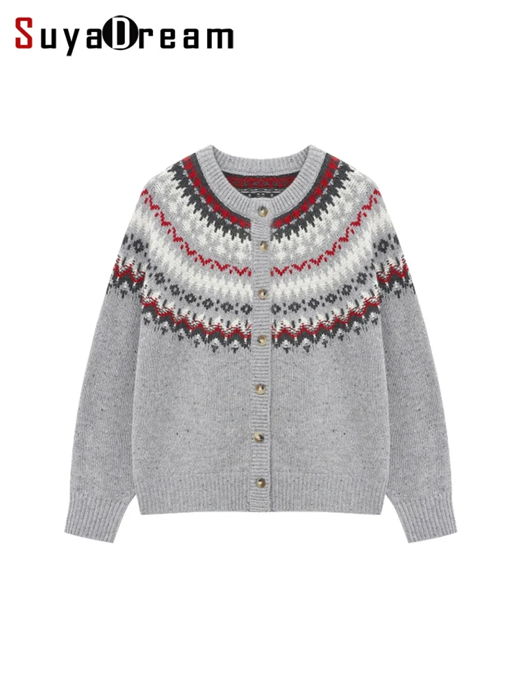 

SuyaDream, женские рождественские кардиганы, 100% овечья шерсть, круглый вырез, жаккардовые свитера, теплые куртки осень-зима 2025 года, красный, серый, бежевый