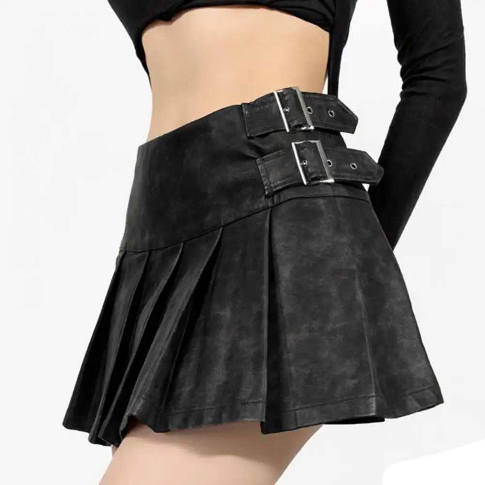 

Imitation Leather Mini Skirt with Belt Detail Summer A-line Short Skirt Women Pleated High Waist faldas para mujeres