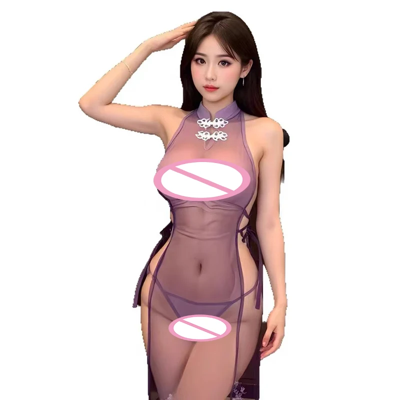 Anime Sakura Cheongsam Uniform Women Mesh Transparent Flower Dress Purple Qipao Temperament Lingerie Chinese Style Sleepwear