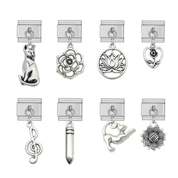 New Fashion Cat Music Note Daisy Flower Italian Links Charm Fit 9mm Stainless Steel Bracelet Jewelry DIY Making