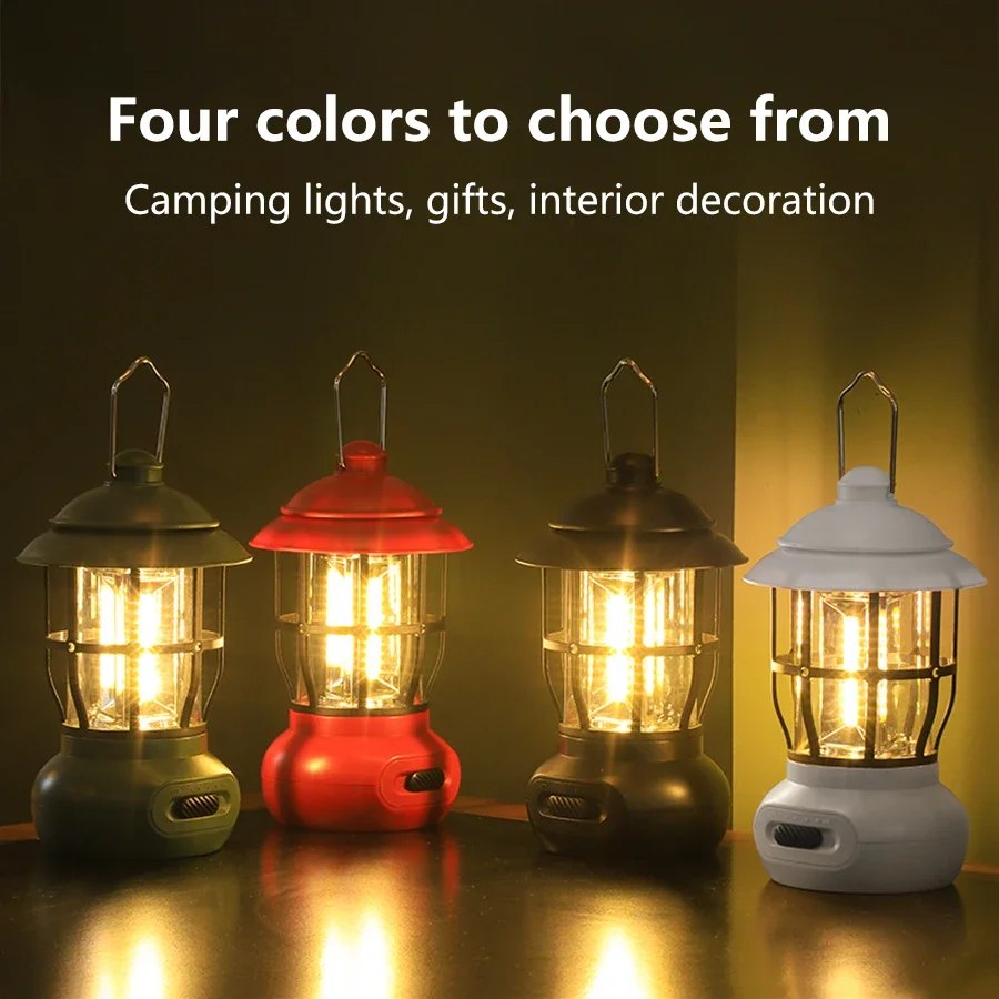 Retro Portable Camping Lantern Waterproof Emergency Light COB Stepless Dimmable Hanging Tent Lamp Charging Decor Atmosphere Lamp