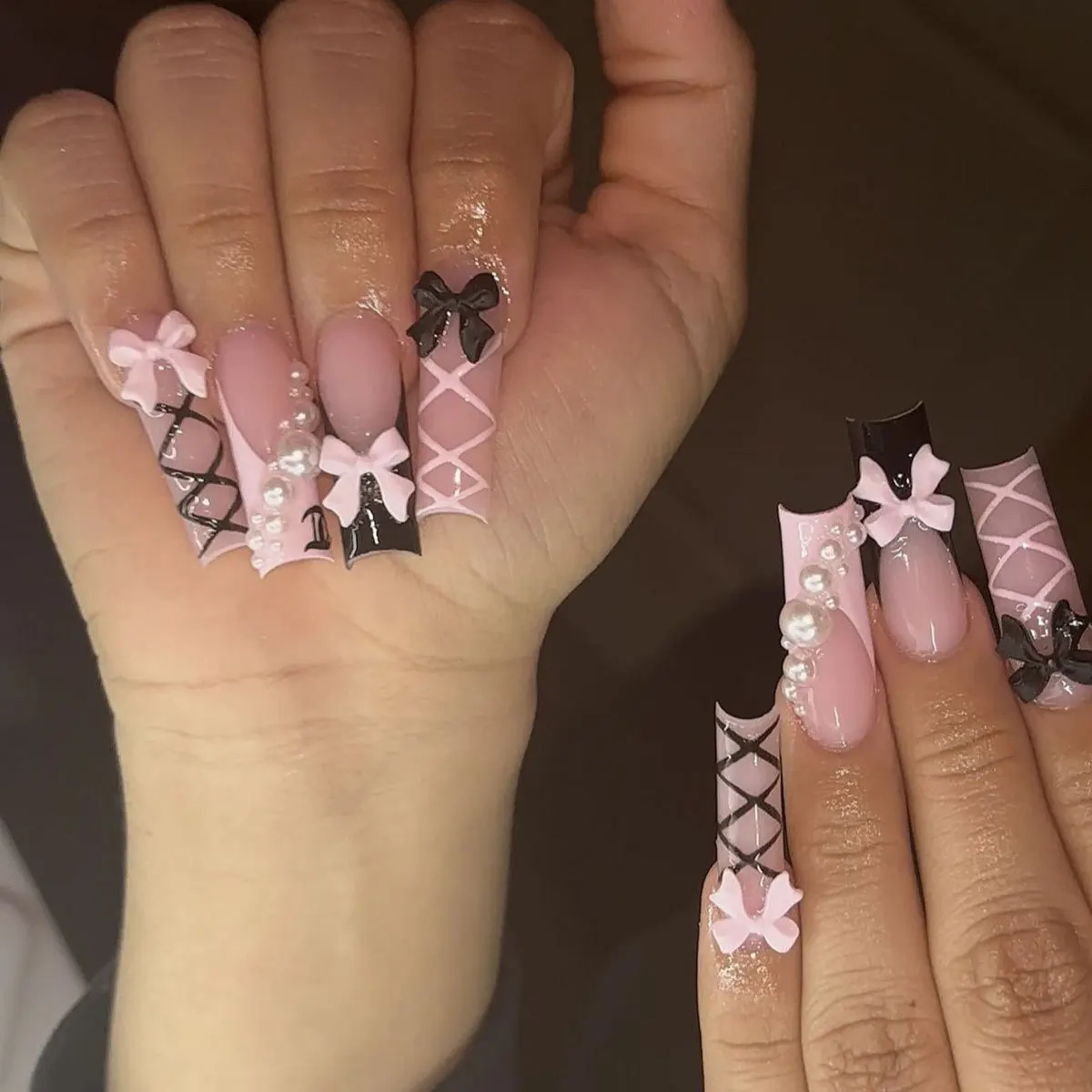 

24Pcs Long Square Head False Nails Press on Black Pink Stripe French Fake Nails 3D Bow Pearl Reusable Full Cover Nails Tips Art