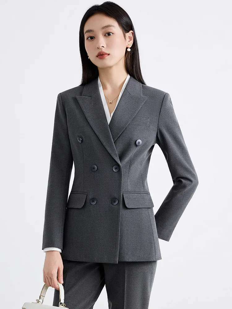 

Grey Blazer Pants Sets Women 2025 New Commuter Double Breasted Slim Jacket High Waist Trousers Workplace Office Plus Size Suit