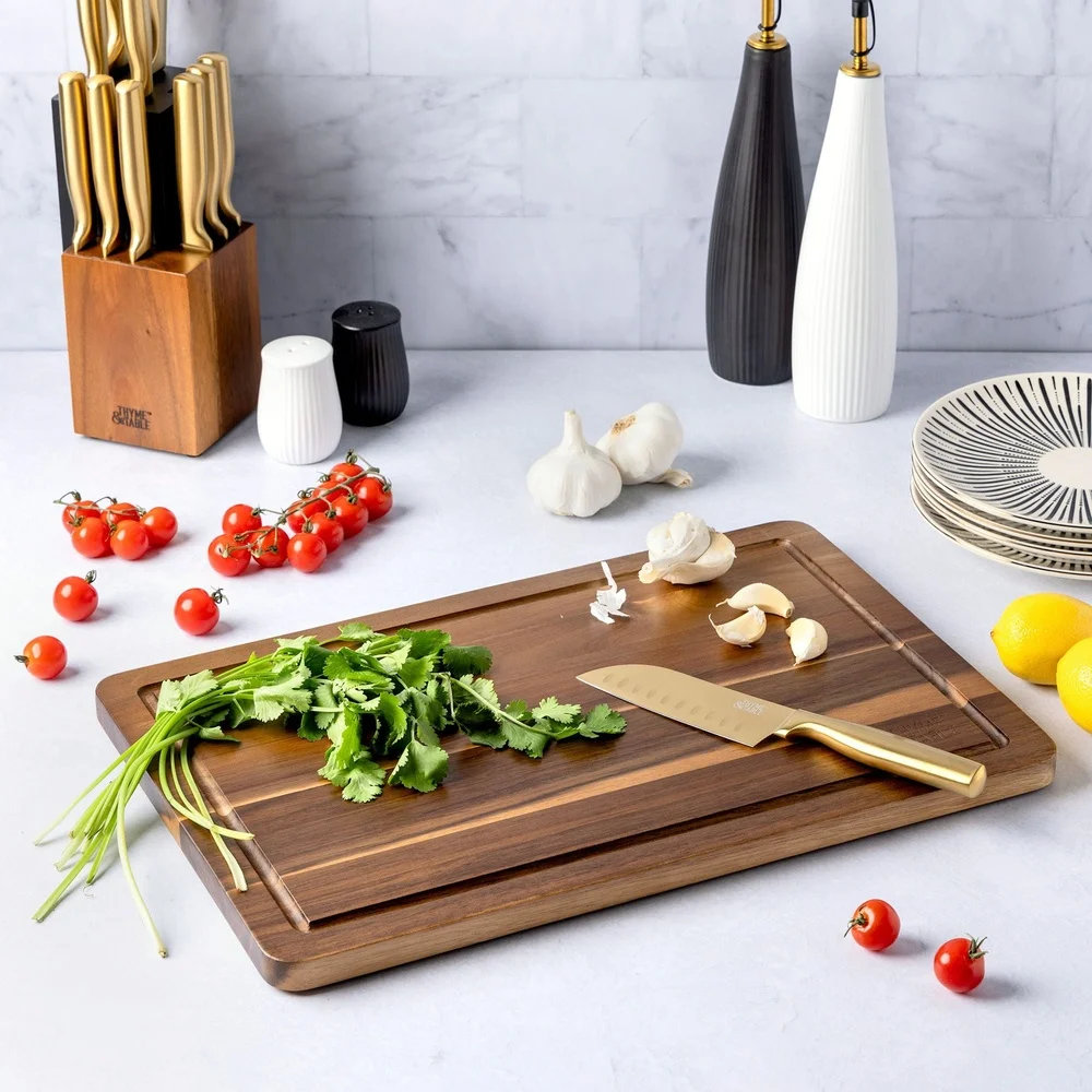 เขียงไม้อะคาเซียขนาดใหญ่พร้อมน้ําผลไม้ดีลื่นฟุตใบมีดพื้นผิว KITCHEN Prep 12x18 นิ้ว