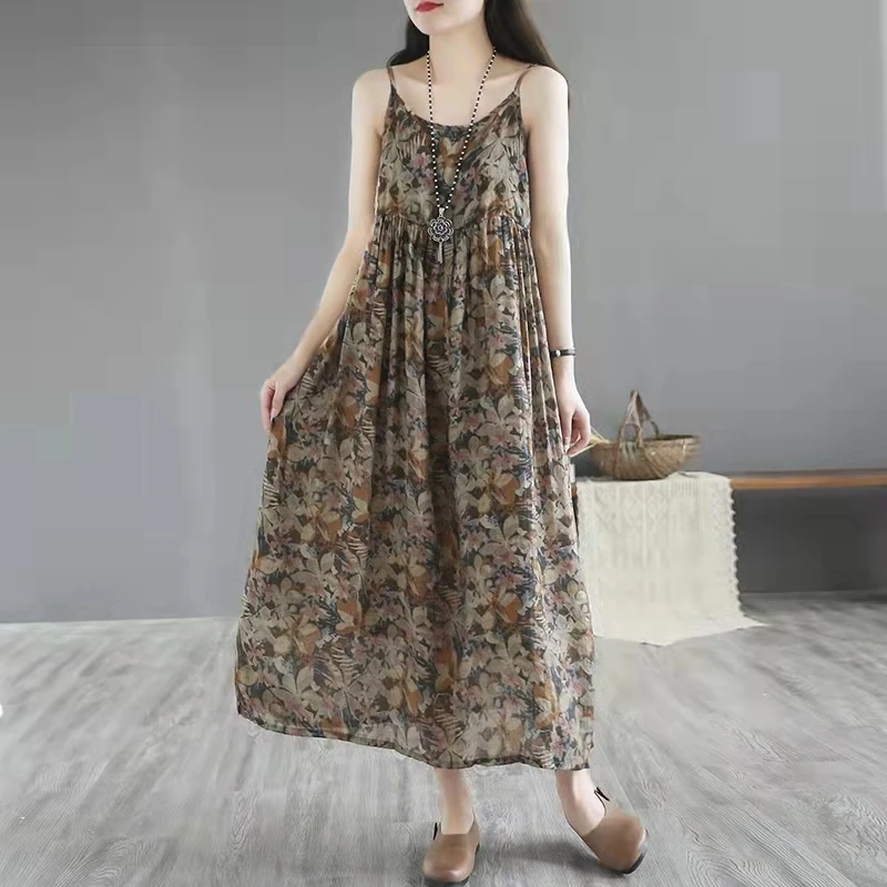 Original Design Cotton Linen Midi Dr Women's Strap Dr Korean Sle Printed Gored A-Line Skirt Summer Long Svel
