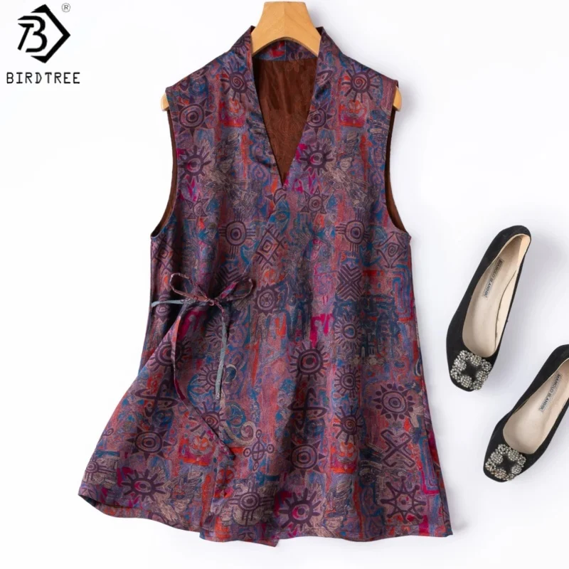 

Birdtree, 24MM 100% Silk Tank Top, V-neck Vest, Women's Floral Luo Xiangyunsha Tops, Jacquard Satin, 2026 Summer New T65007JF