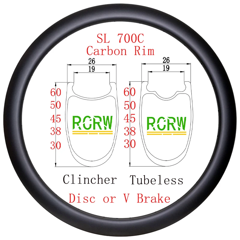 700C SL Road Carbon Rim 30X26 38X26 45X26 50X26 60X26 Wide 26mm Deep 30 38 45 50 60mm Disc or V Rim Brake 16 18 20 21 24 28 32H