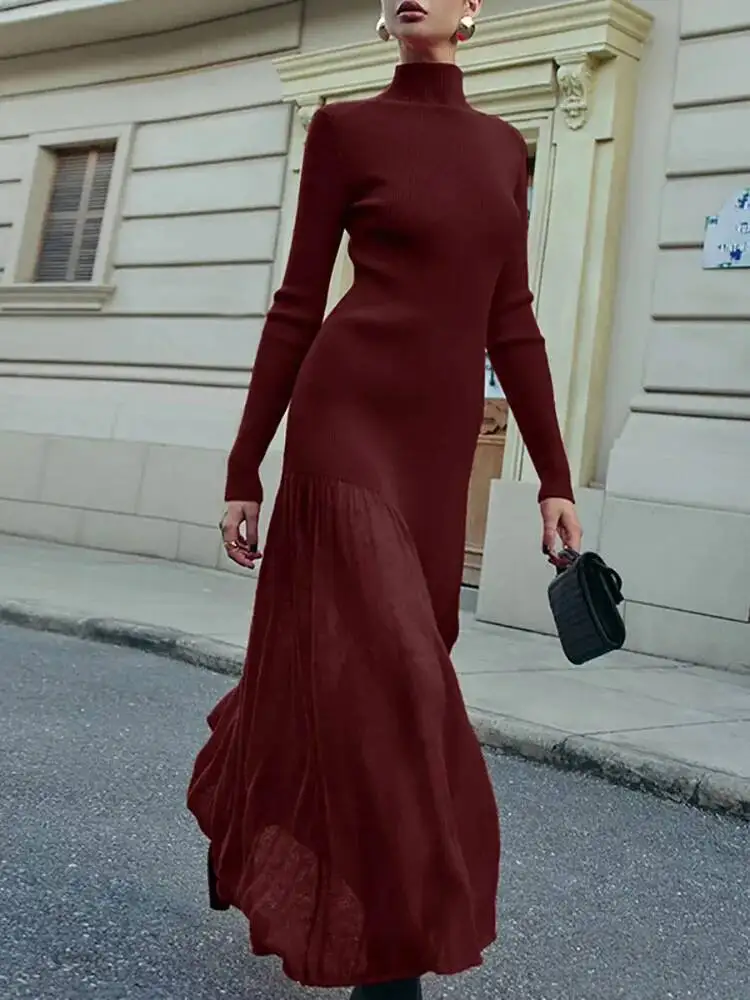 الخريف عادية كم حفلة الشتاء المرأة أنيقة شبكة الربط ماكسي موضة نصف عالية طوق محبوك فستان طويل #6