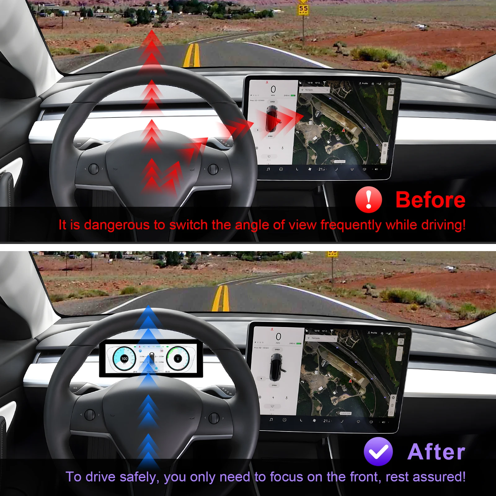 Podofo 8inch Head Up Display for Tesla Model 3/Y HUD Dashboard Display with Speedometer Gear Driving Mode OEM Style Carplay