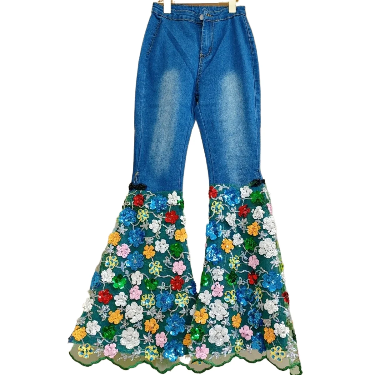 

New Chinese Style Jeans Flared Pants Women 2025, Featuring Diamond Studded Floral Denim High Waisted, Elastic and Thin