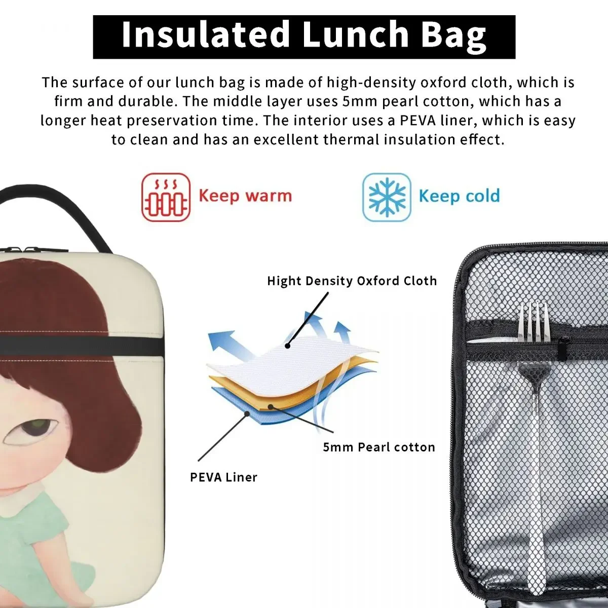 Yoshitomo Nara Insulated Lunch Bags Large Lunch Container Cooler Bag Tote Lunch Box School Picnic Food Bag