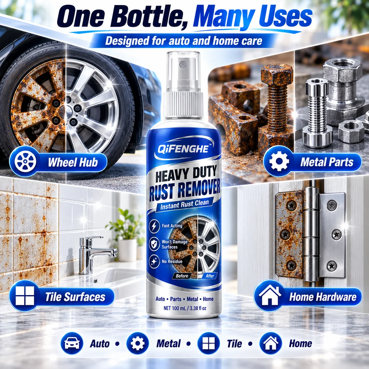 Fast Acting Rust Remover for Metal Car Wheels Tiles and Home Surfaces Deep Cleaning Residue Free