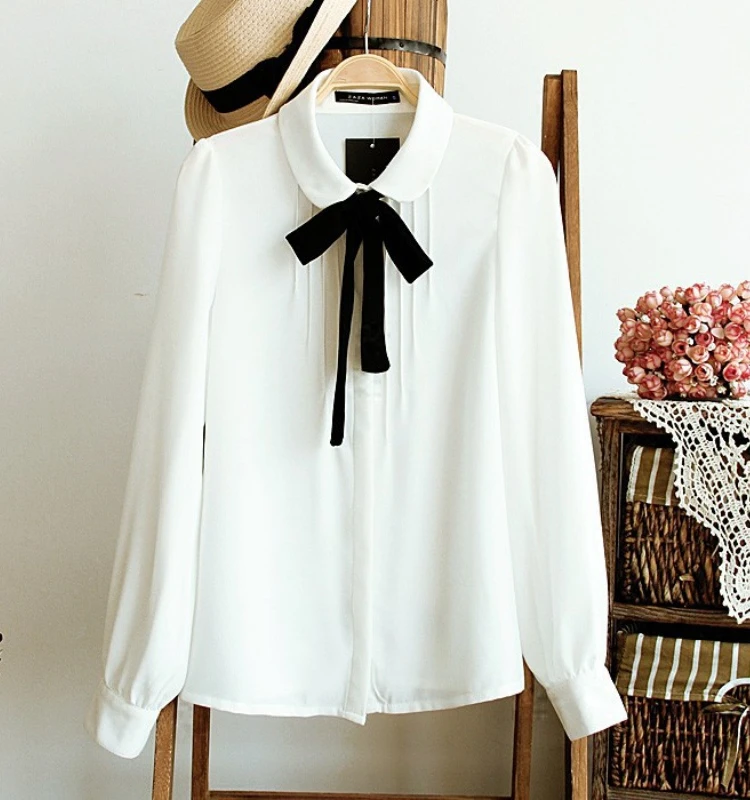 

Long Sve Chiffon irt with Bow Tie Collar Doll Ne European And American Street Sle Pure Color Loose Fit Spring irt
