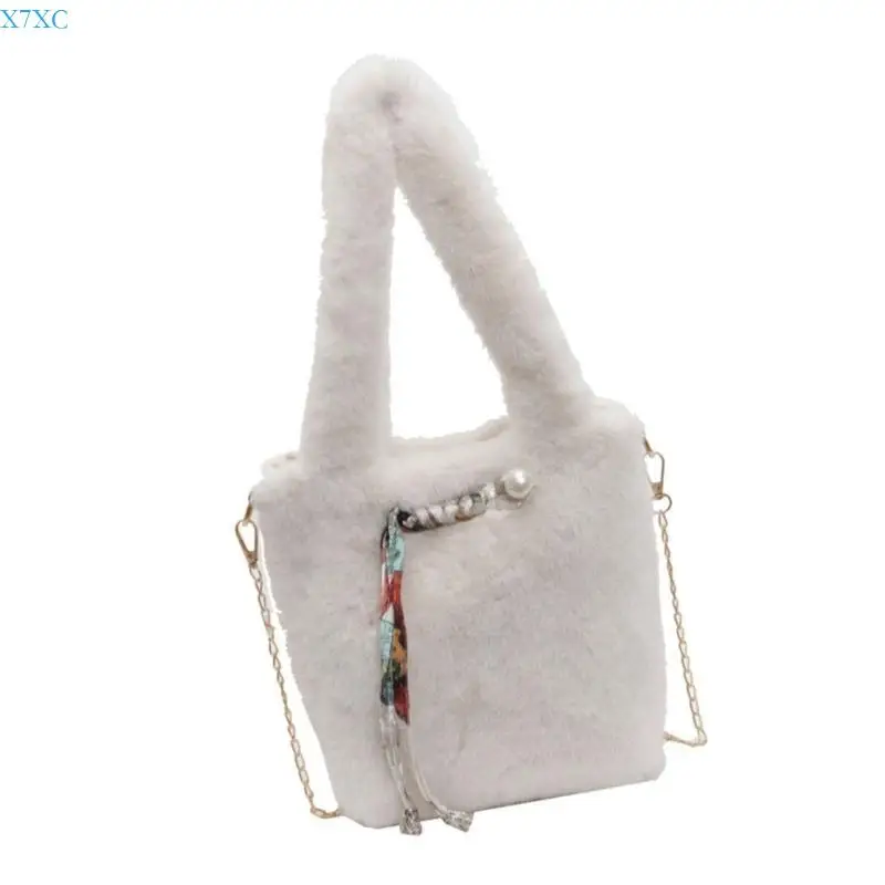 

X7XC Stylish Black Plush Shoulder Bag with Crossbody Functionality for Fashion Women Casual Handbag Evening Purse