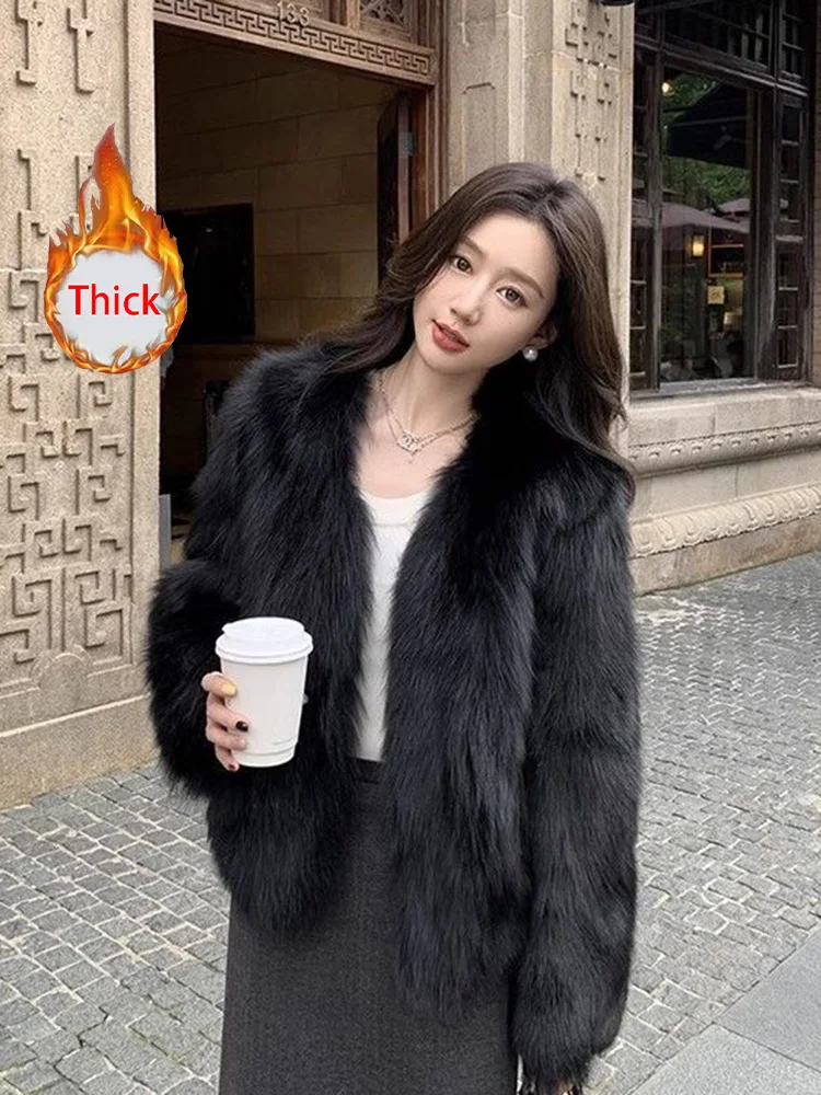 Elegancki płaszcz zimowy z imitacji futra damski długi rękaw dopasowany gruby ciepły kurtka koreańska moda dekolt w serek jednolity kolor imitacja futra lisa odzież wierzchnia
