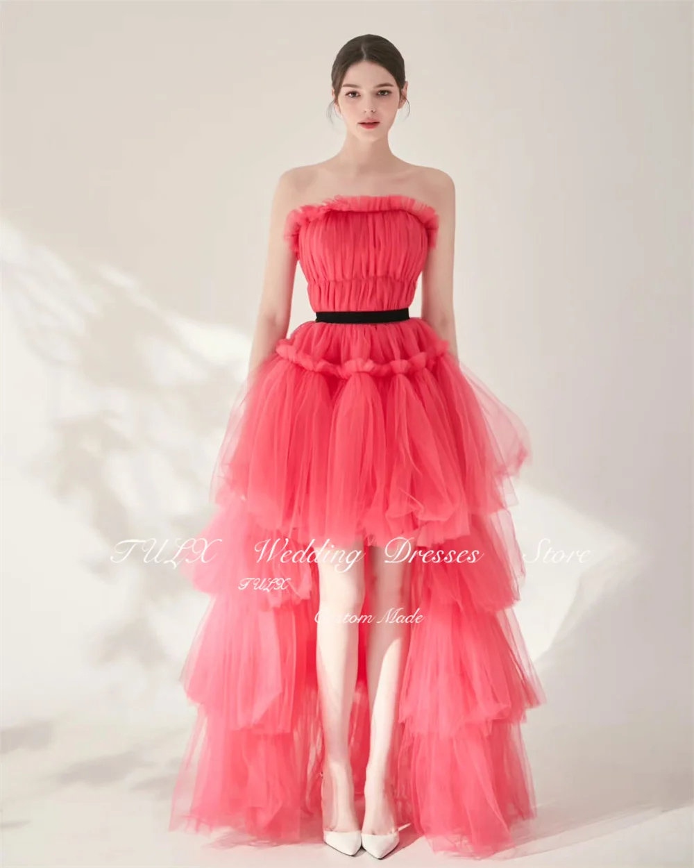 TULX 요정 튤 이브닝 드레스 한국 웨딩 사진 촬영용 스트랩리스 A라인 앞단 짧고 뒷단 긴 파티 드레스 코르셋 맞춤 제작