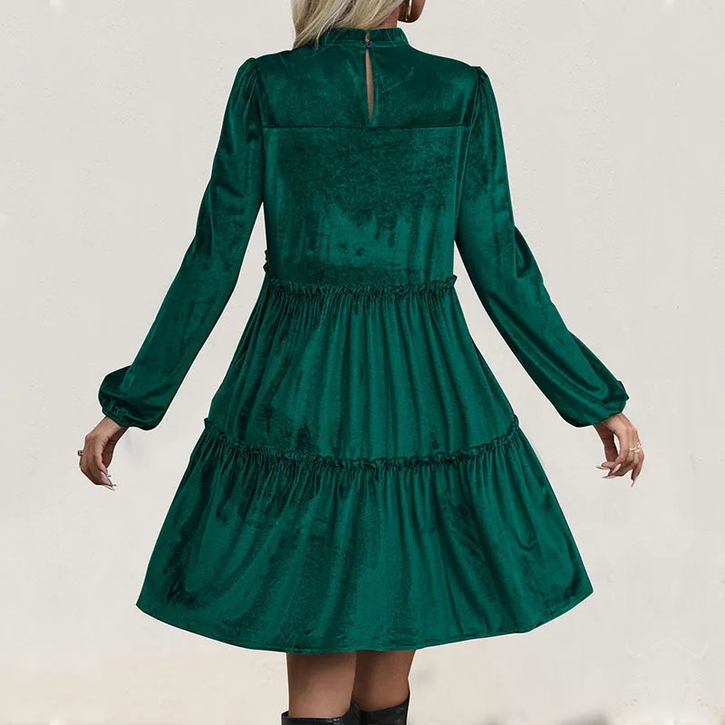 New Autumn Women\'s Christmas Green Velvet Dress