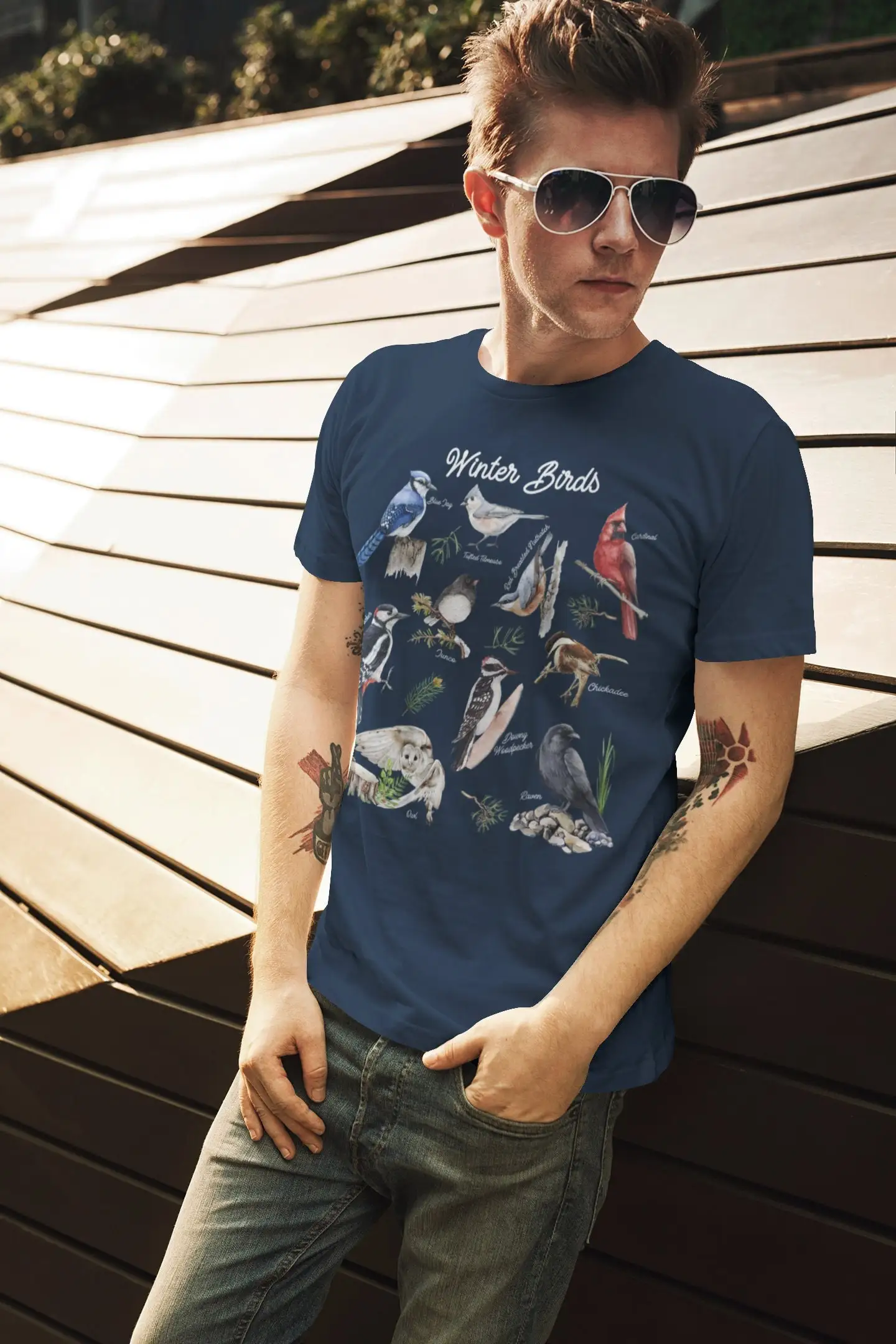 Men's Bird T Shirt Winter Birds Cardinal Blue Jay Woodpecker Watcher Forest Junco Chickadee Man