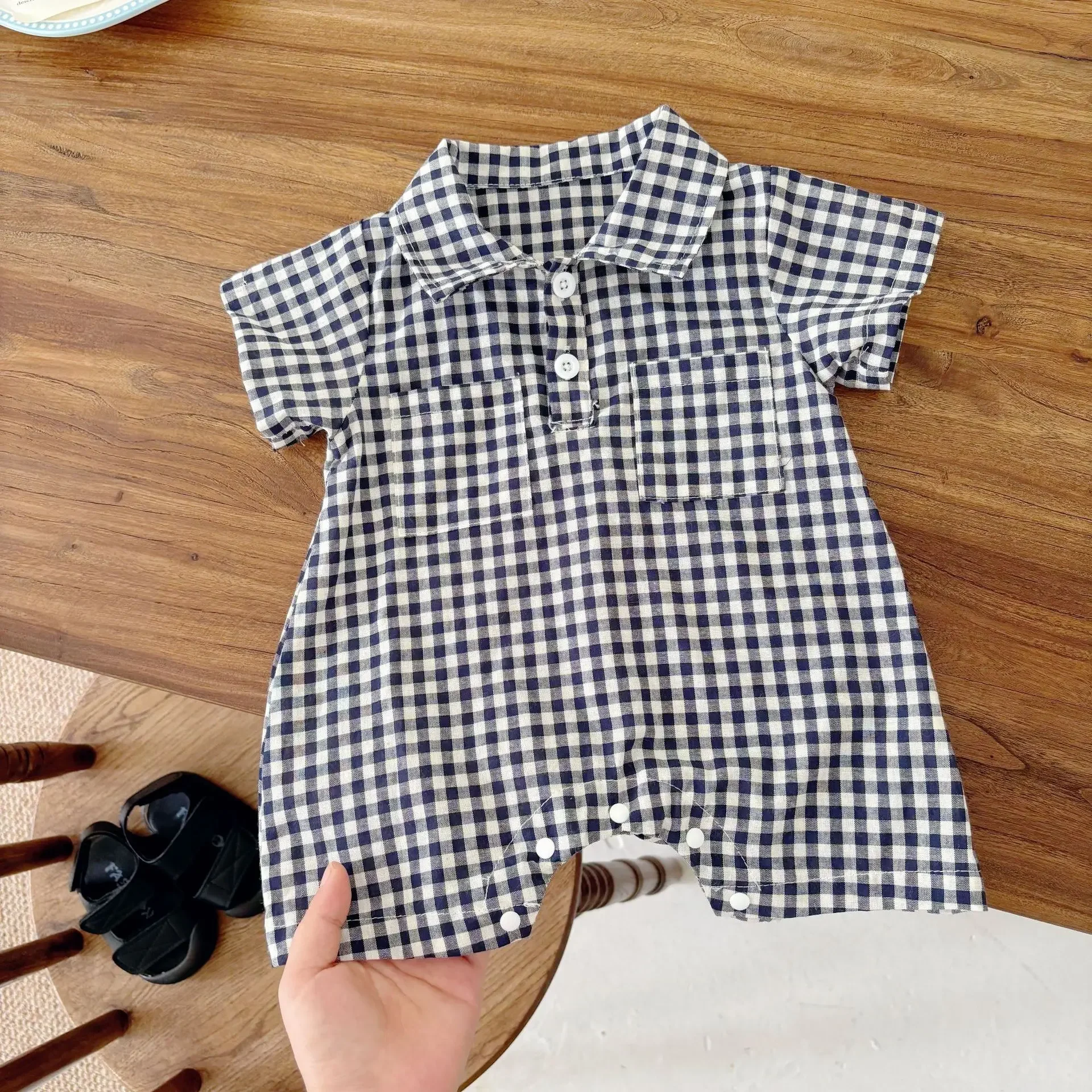 

2025 Summer New Baby Thin Pure Cotton Checkered Short - Sleeve Romper Newborn Onesie Crawling Clothes Shorts Bodysuit