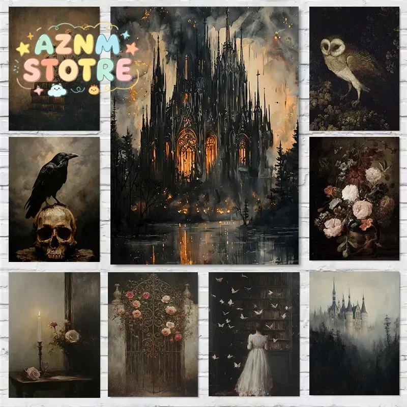 Dark Academia Antique Gothic Castle Wildflowers and Books Crow Owl Animal Poster Canvas Painting Wall Art Pictures Home Decor