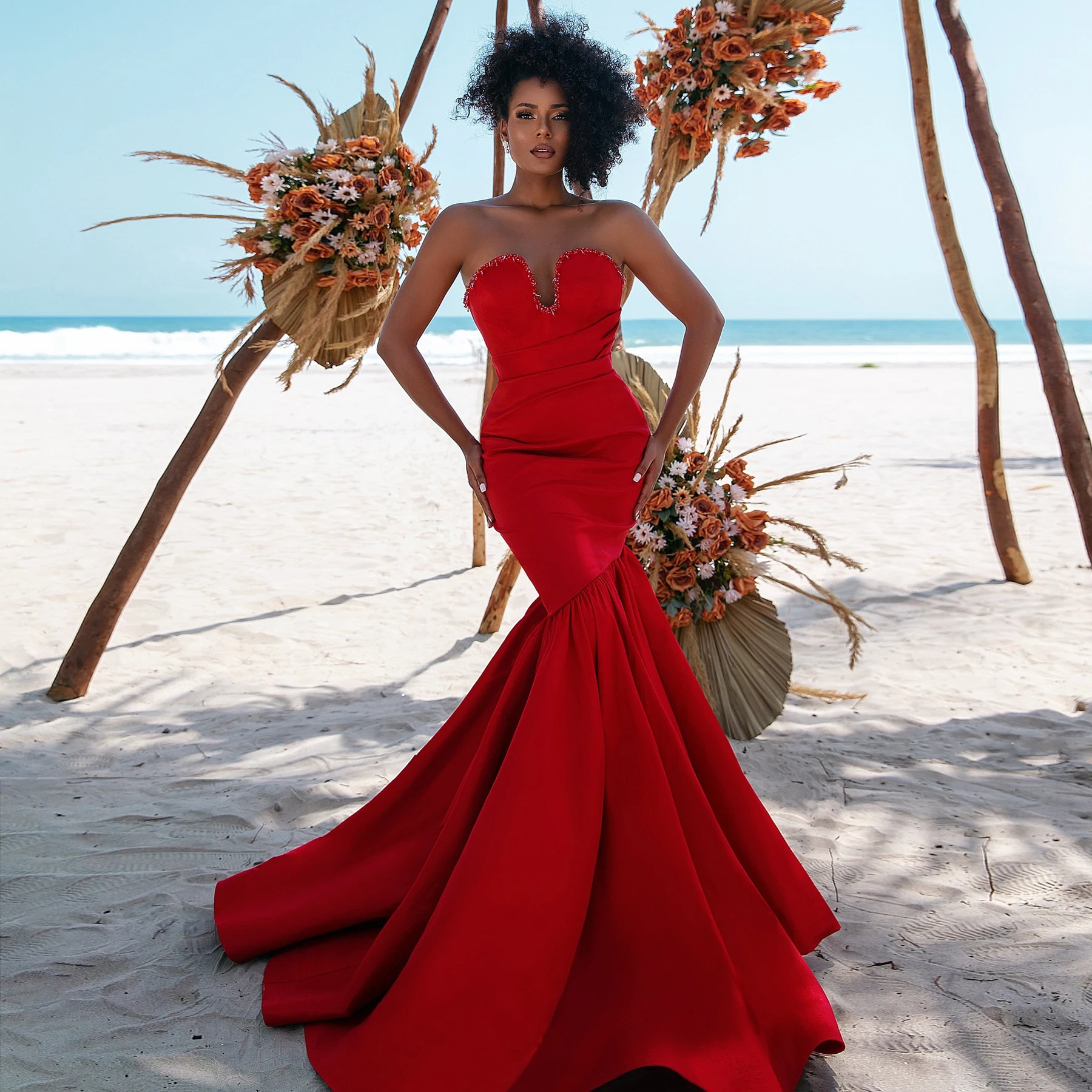 2024 Couture Red Mermaid Evening Dresses Ruffled Satin Sleeveless Wedding Bridal Gown Beach Photoshoot Dress فساتين السهرة