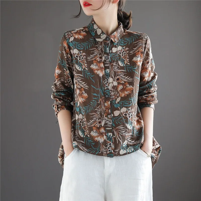 Vintage Floral Print Cotton Linen Button Up Shirt Spring Autumn Fashion Casual Loose Long Sleeve Tops Blouses for Women Clothes