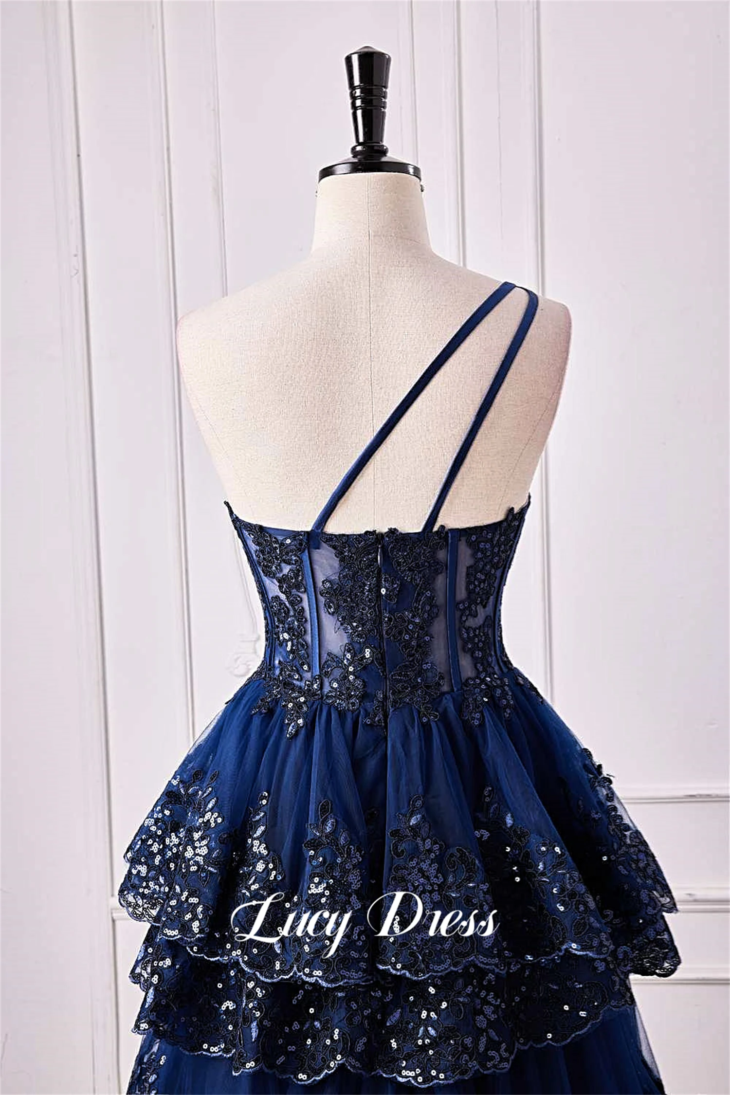 Graduation Gown Sparkly Lace Layered Ball Navy Blue Special Occasion Dresses for Formal Occasions Wedding Dress Customized Prom