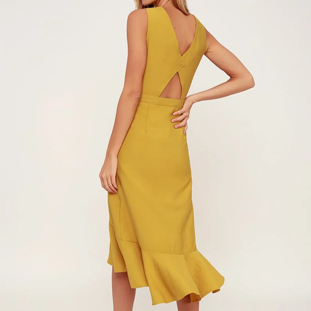 Women's Yellow Sleeveless V Neck Button Front Cutout Back Fitted Waist Ruffled Hem Midi Dress Autumn Casual Fashion