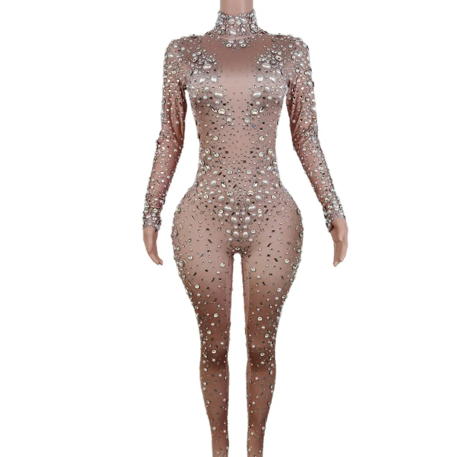 2024 Trending Products Pearls Rhinestone Long Sleeve Spandex Bodysuit Bodycon Romper Women Night Club Dance One Piece Jumpsuits