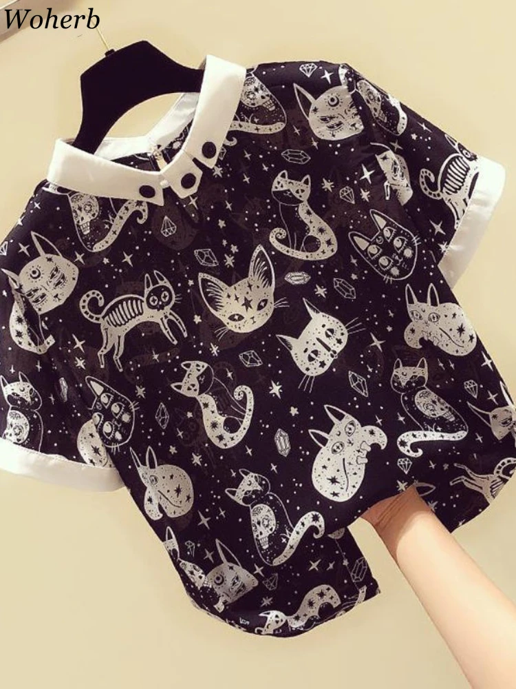 Woherb 2024  S-4XL Chiffon Blouse Women Casual Loose Shot Sleeve Tops Shirt Cute Kawaii Cat Print Blusas Mujer Summer