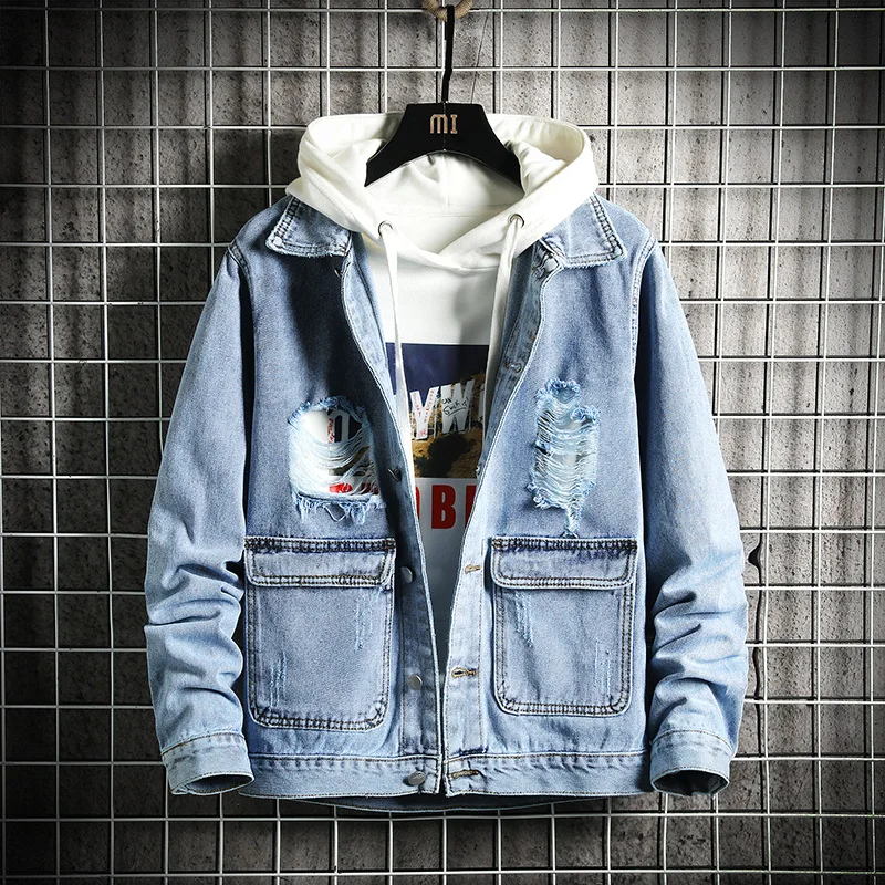 

2024 Men's Autumn Fashion Denim Jacket Youth Slim-Fit Ripped Trendy Handsome Denim Jacket