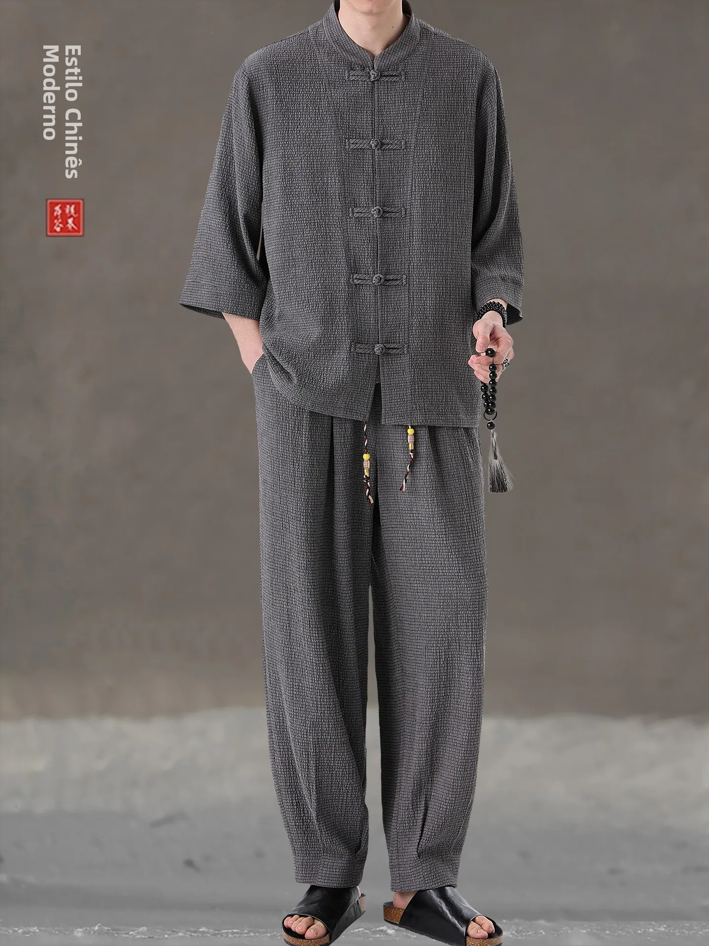 new-chinese-style-summer-thin-seven-sleeve-ice-silk-casual-set-loose-collar-zen-tea-loose-fit-t-shirt-and-pants-two-piece-set