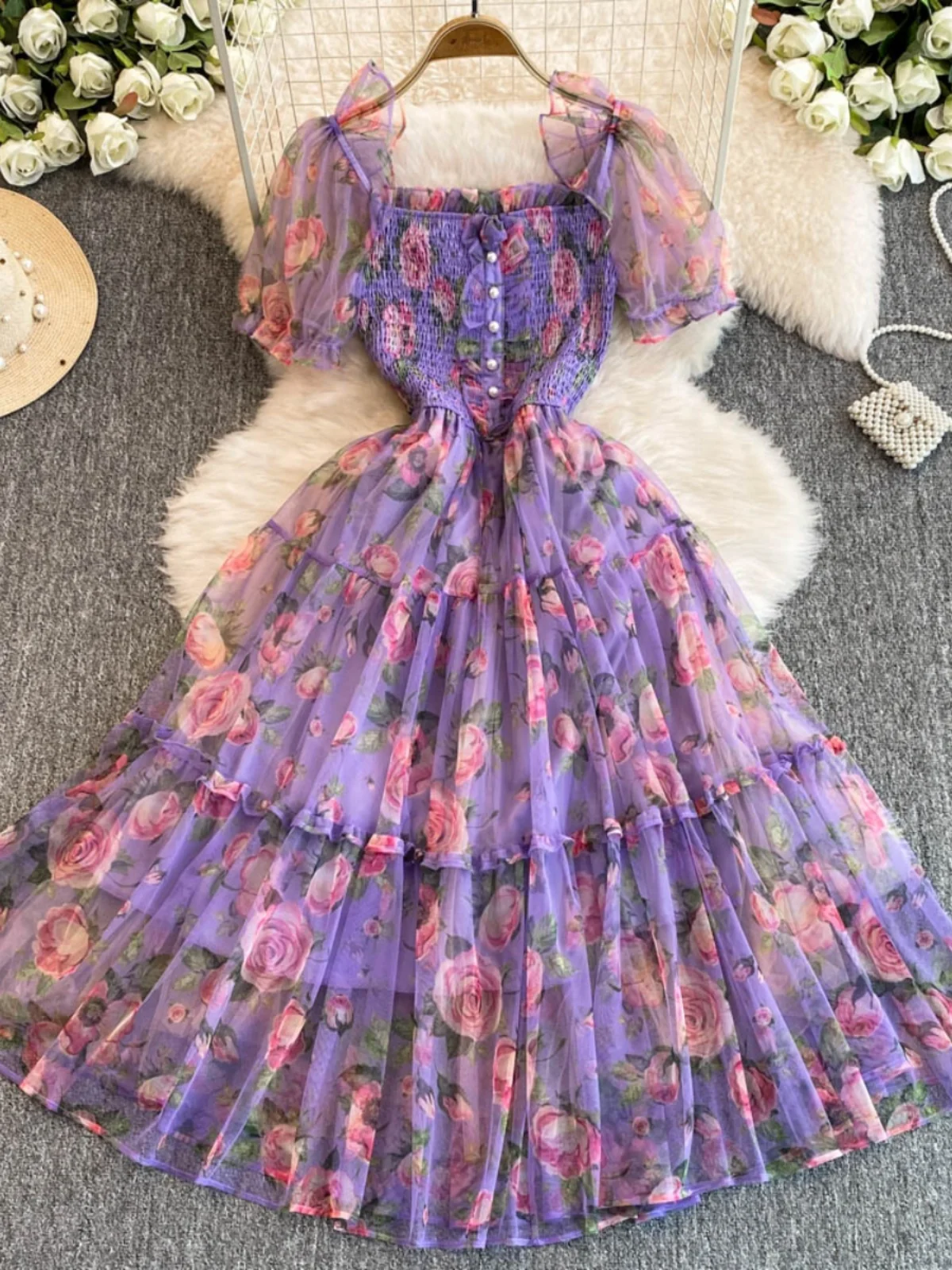 Ele Bloemenprint Vierkant Ne Dr Retro Sweetn Zout en Sweetn Initial Love Tea Break Rok Woon-werkverkeer Koreaanse Sle B...