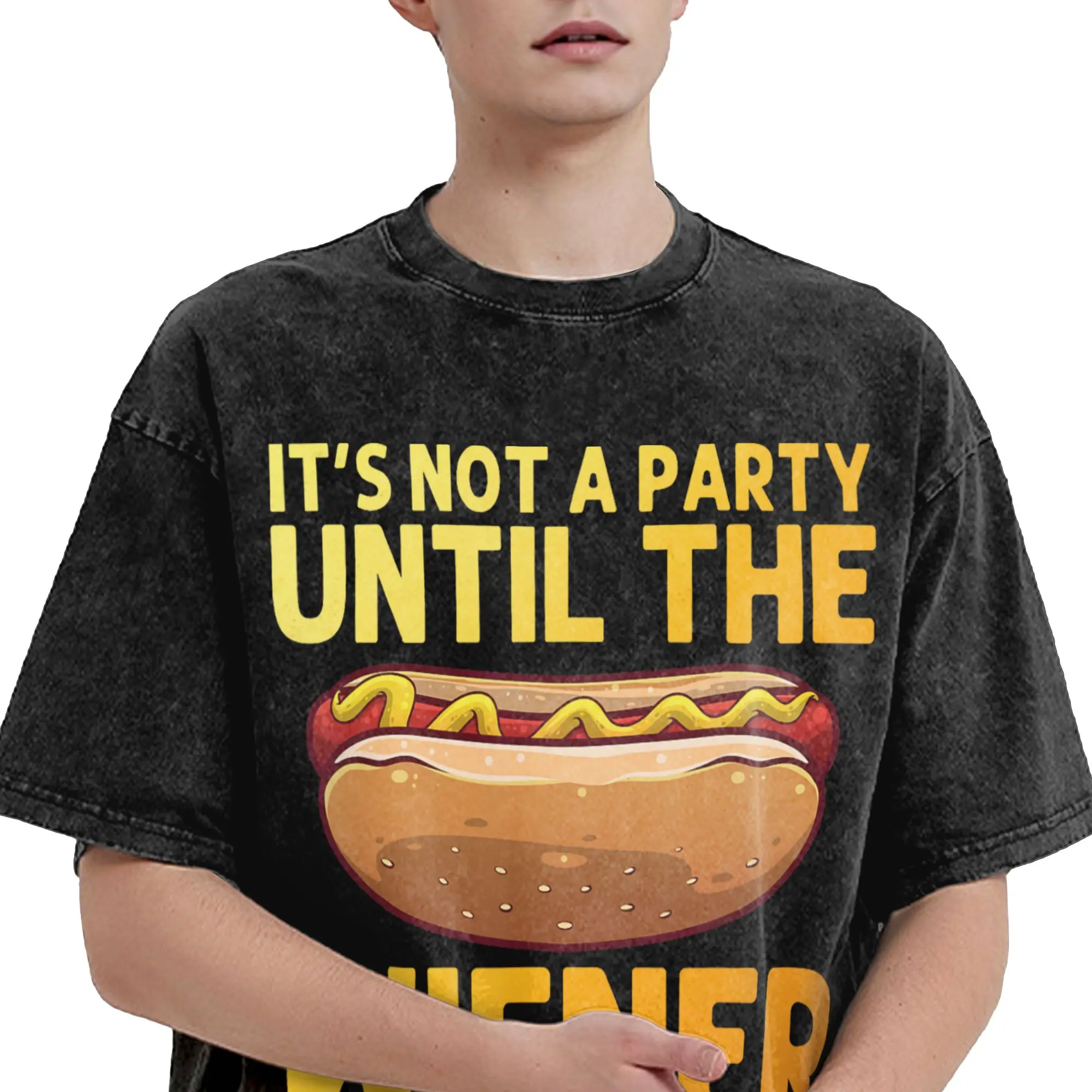 Funny Hot Dog Design Stand Gag  Washed T Shirt Streetwear Hip Hop Fashion T-Shirt  Tees Tops for Men Women Cotton High Street
