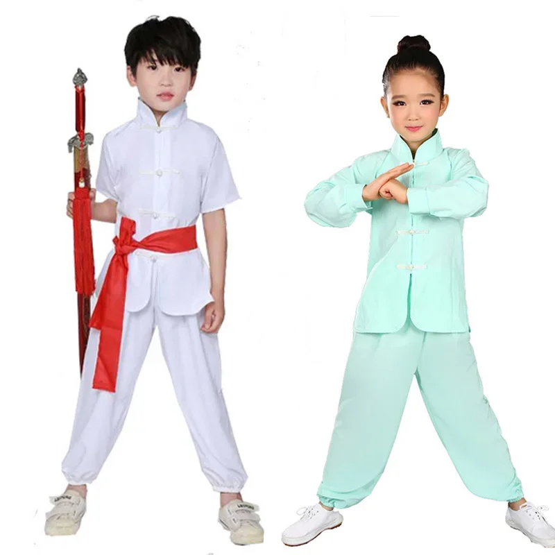 Anak pria wanita seragam KungFu tradisional Cina untuk anak laki-laki perempuan kostum Wushu Set pakaian panggung kinerja rakyat Tai Chi