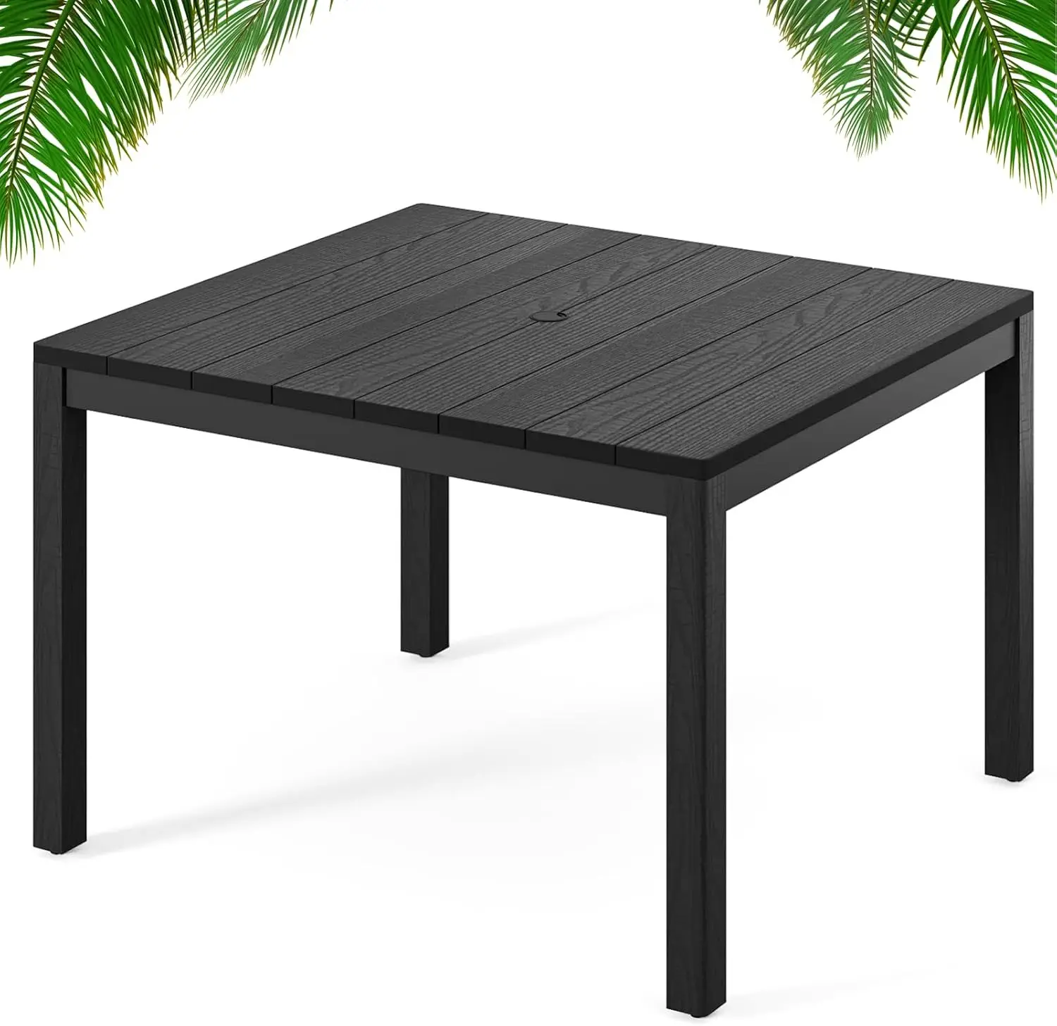 Outdoor Patio Dining Table Weatherproof 34 Inch Square HIPS Seats 4 2 Inch Umbrella Hole Backyard Deck Poolside Black
