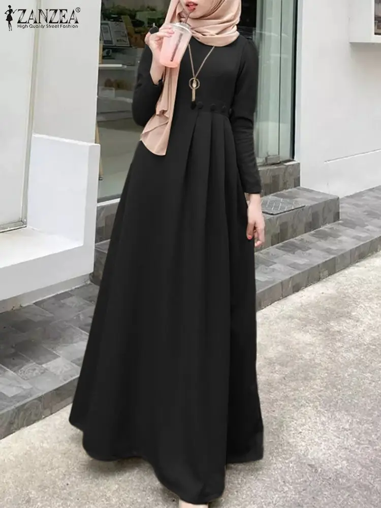 Women Muslim Long Dress ZANZEA Spring Long Sleeve O-Neck Solid Sundress Elegant Robe Turkey Abaya Kaftan Casual Loose Vestidos