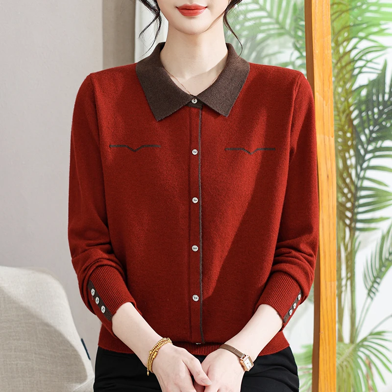 

Ele Knitted Sweater Spring Faion for Middle-Aged Women Ladylike woman Sle Warm Long Sve Open Cardigan