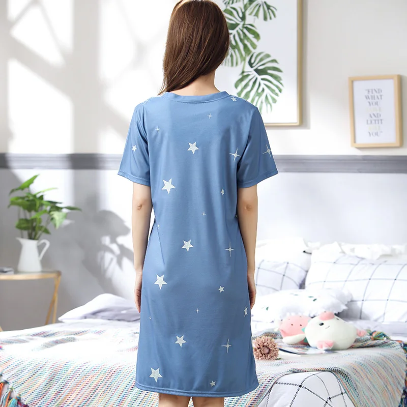 Summer Women\'s Nightgowns With Chest Pad Short Sleeve Knited Cotton dress M-4XL Sleepwear Cute Cartoon Sleepwear