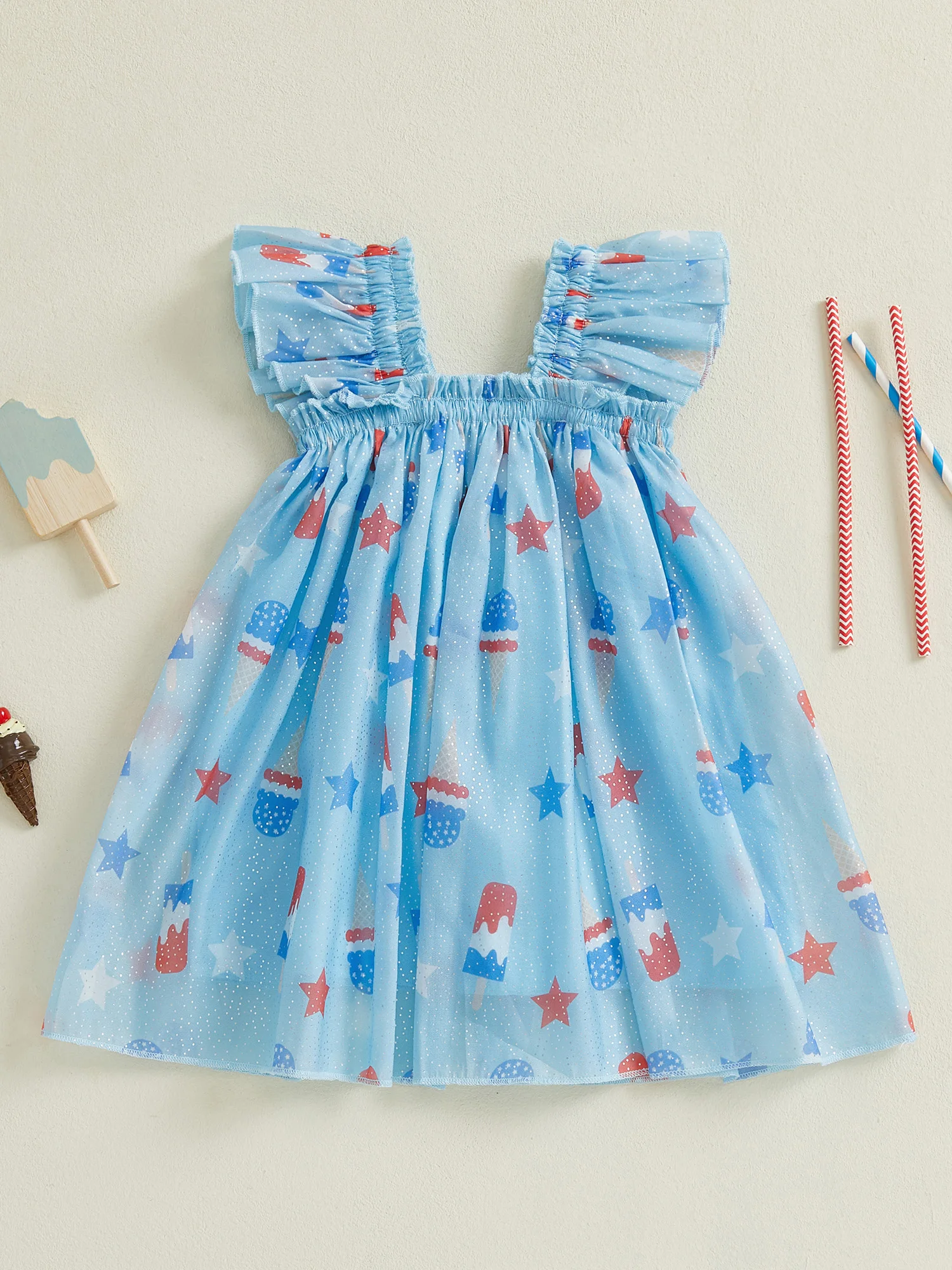 Toddler Girls Fourth of July Cami Dress Sleeveless Star Popsicle Print A-line Tulle Dress