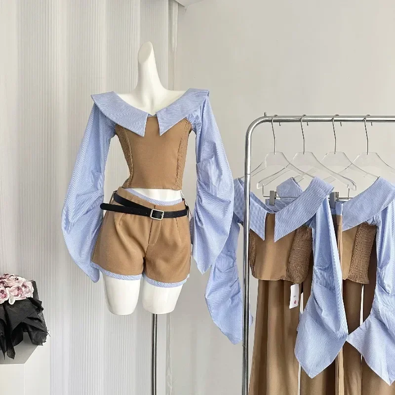 

Korean Fashion Autumn New Women Two Piece Sets Long Sleeve Splicing Turn Down Collar Slim Shirt + High Waist Mini Shorts Sets