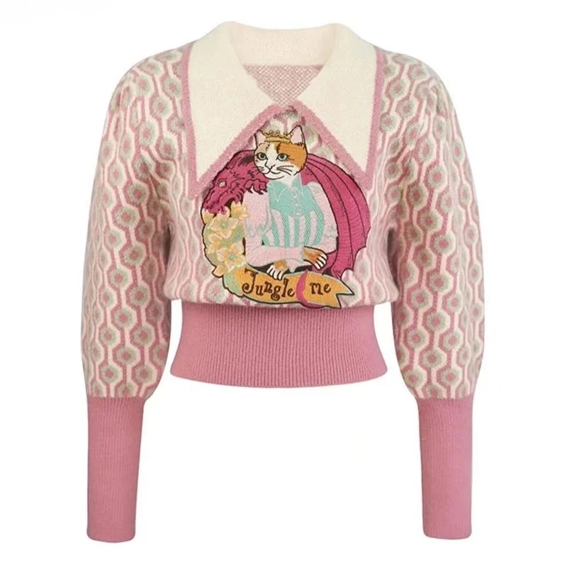 Pink Cartoon Embroidered Sweater Pullover Women Vintage Elegant Stylish Ladies Tops Autumn Winter Long Sleeve Fashion Jumpers