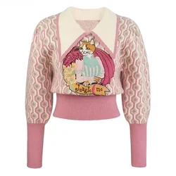 Pink Cartoon Embroidered Sweater Pullover Women Vintage Elegant Stylish Ladies Tops Autumn Winter Long Sleeve Fashion Jumpers