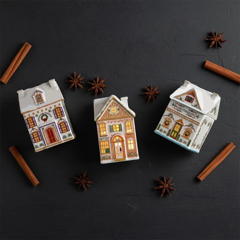 New Holiday Village Spice House Set, Mini Christmas Gingerbread Houses Jars, Festive Decor Kitchen Countertop Christmas Candle